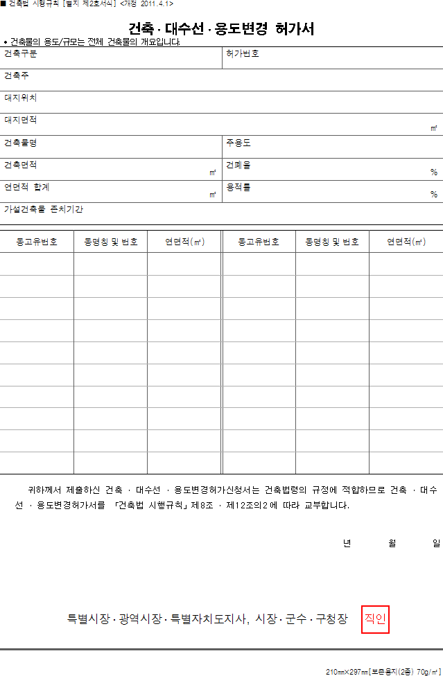 건축·대수선·용도변경 허가서